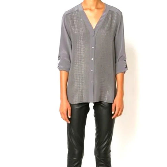 VINCE Silk Crocodile Embossed Blouse Long Tab Sleeve Grey Gray Top Button Down S - Picture 2 of 16